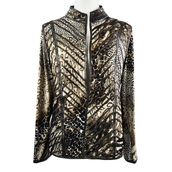 Vintage Chico's Mixed Animal Print Contrast Chevron Trim Topper Jacket Exotic - Picture 1 of 7